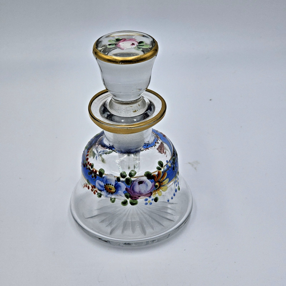 Vintage Hand Painted Floral Enamel Glass Perfume Bottle with Stopper